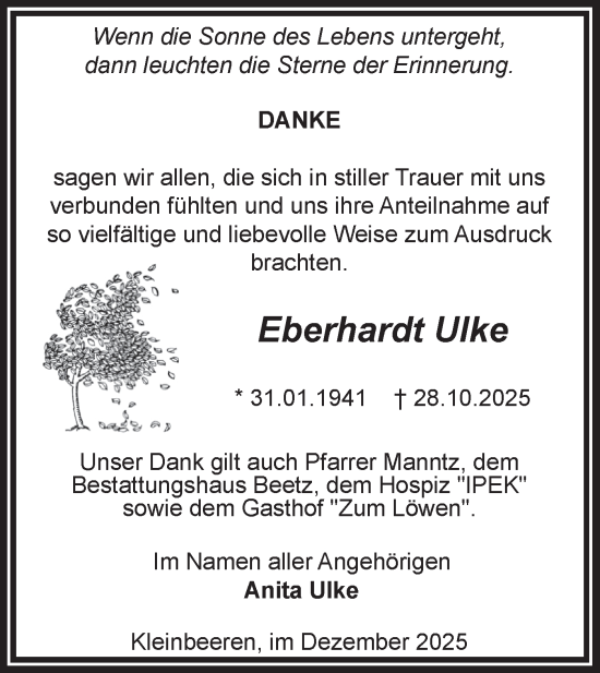 Traueranzeige von Eberhardt Ulke von Blickpunkt Ludwigsfelde/Zossen