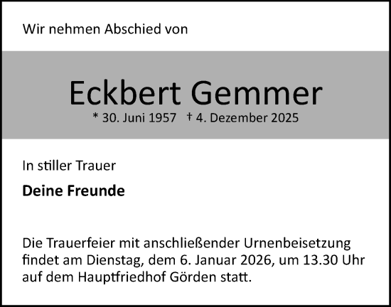 Traueranzeige von Eckbert Gemmer von Märkische Oderzeitung
