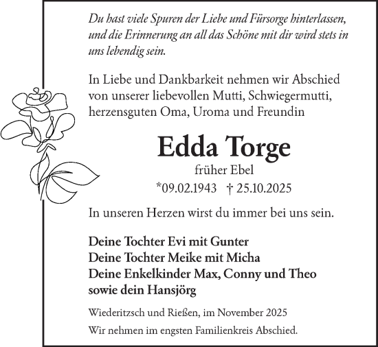 Traueranzeige von Edda Torge von Märkische Oderzeitung