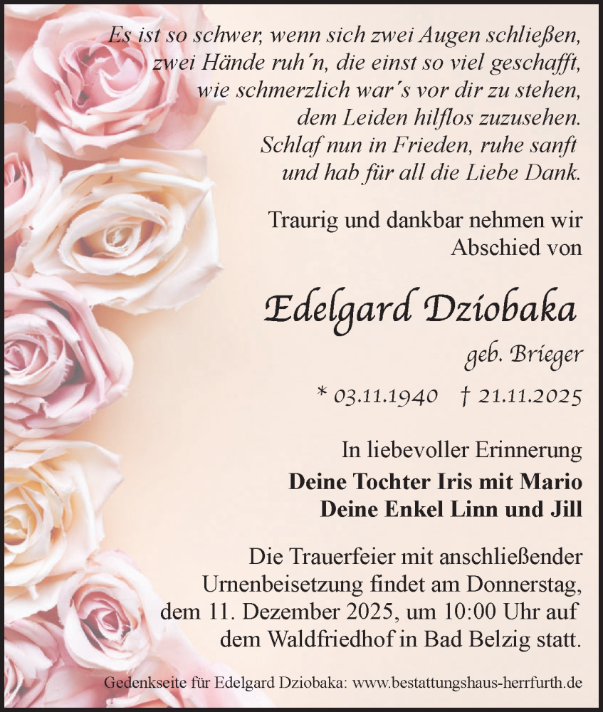  Traueranzeige für Edelgard Dziobaka vom 06.12.2025 aus Märkische Oderzeitung