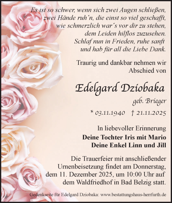 Traueranzeige von Edelgard Dziobaka von Märkische Oderzeitung