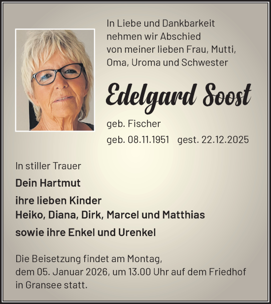 Traueranzeige von Edelgard Soost von Märkische Oderzeitung