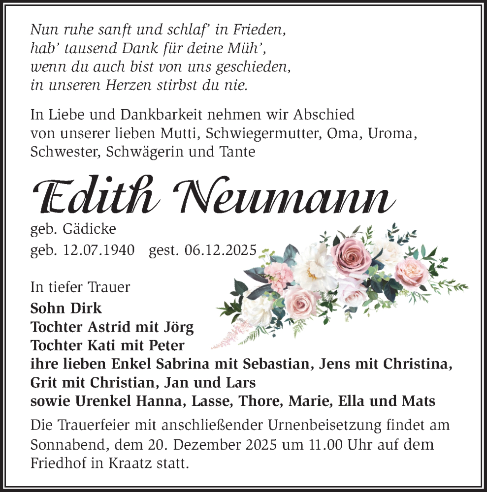  Traueranzeige für Edith Neumann vom 13.12.2025 aus Märkische Oderzeitung