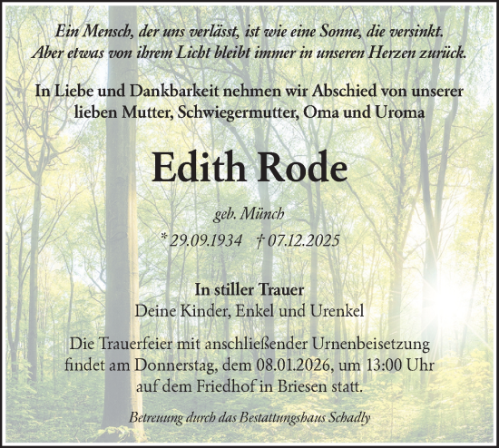 Traueranzeige von Edith Rode von Blickpunkt Königs Wusterhausen