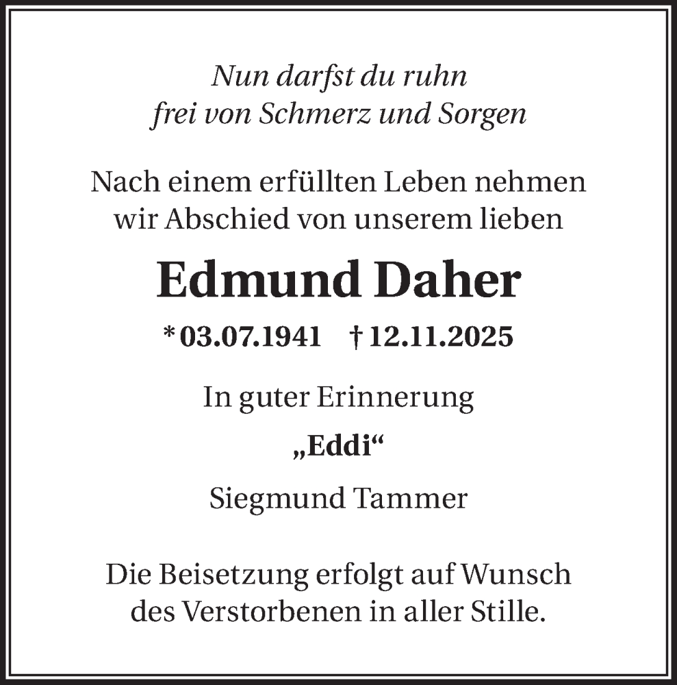  Traueranzeige für Edmund Daher vom 06.12.2025 aus Märkische Oderzeitung