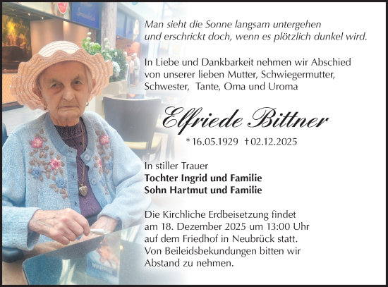 Traueranzeige von Elfriede Bittner von Märkische Oderzeitung