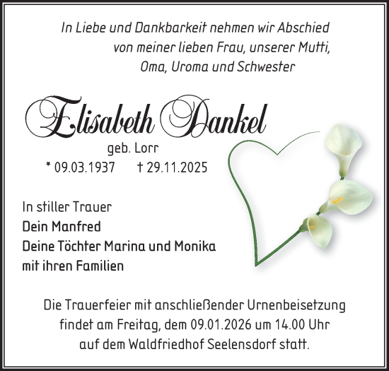 Traueranzeige von Elisabeth Dankel von Märkische Oderzeitung