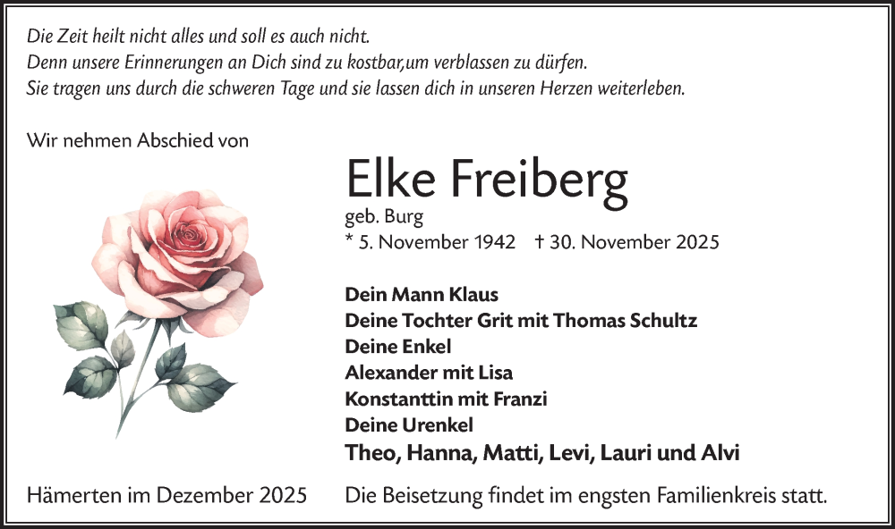  Traueranzeige für Elke Freiberg vom 20.12.2025 aus Märkische Oderzeitung