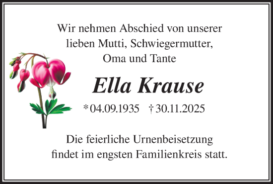 Traueranzeige von Ella Krause von MO Uckerm.-Anz.