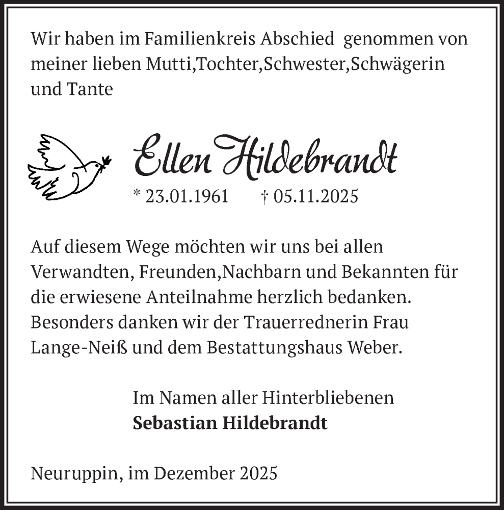  Traueranzeige für Ellen Hildebrandt vom 13.12.2025 aus Märkische Oderzeitung