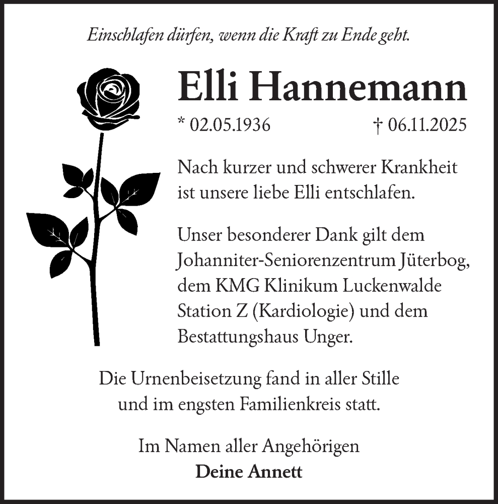  Traueranzeige für Elli Hannemann vom 13.12.2025 aus Blickpunkt Jüterbog/Luckenwalde