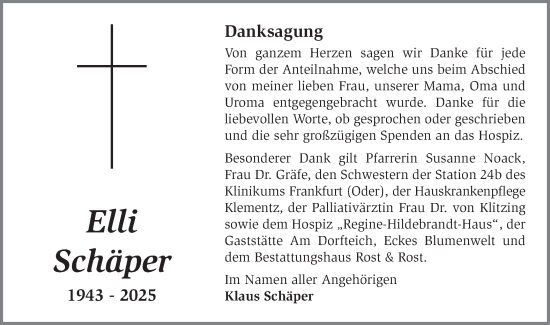 Traueranzeige von Elli Schäper von Märkische Oderzeitung