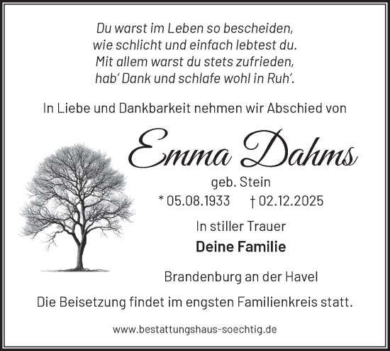 Traueranzeige von Emma Dahms von Märkische Oderzeitung