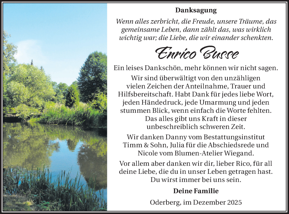  Traueranzeige für Enrico Busse vom 20.12.2025 aus Märkische Oderzeitung