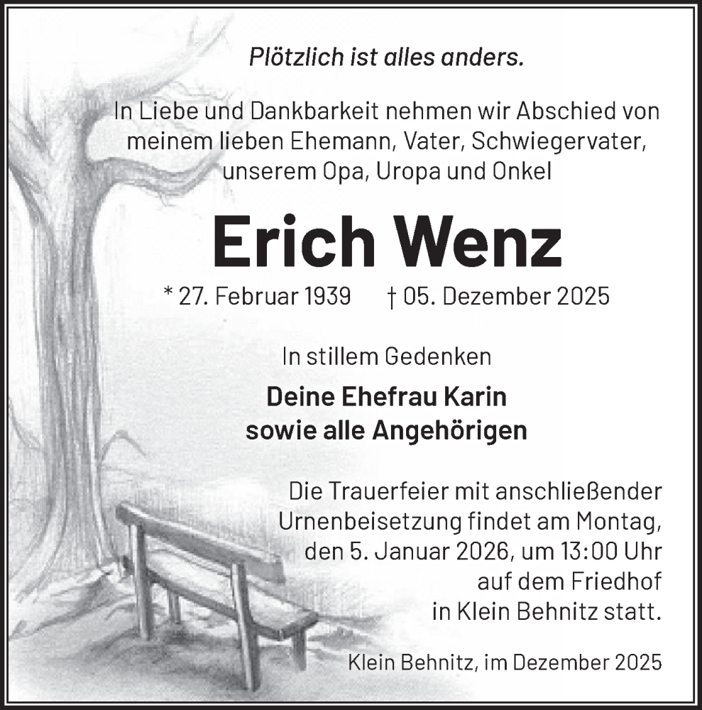  Traueranzeige für Erich Wenz vom 13.12.2025 aus Märkische Oderzeitung