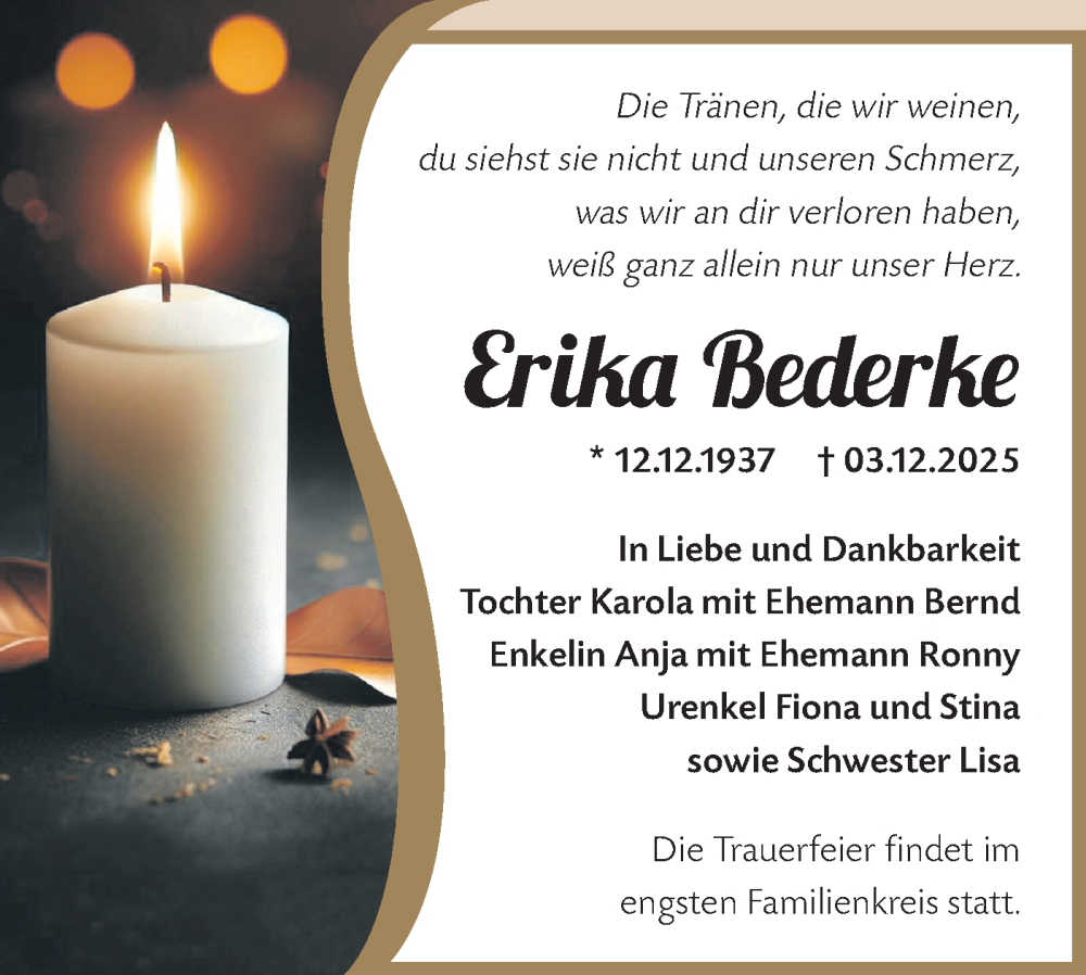  Traueranzeige für Erika Bederke vom 13.12.2025 aus Märkische Oderzeitung