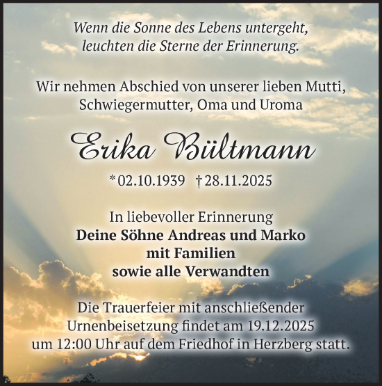 Traueranzeige von Erika Bültmann von Märkische Oderzeitung