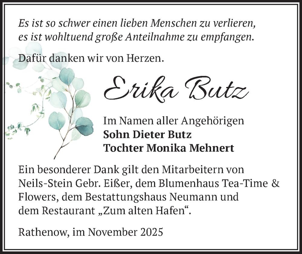  Traueranzeige für Erika Butz vom 06.12.2025 aus Märkische Oderzeitung