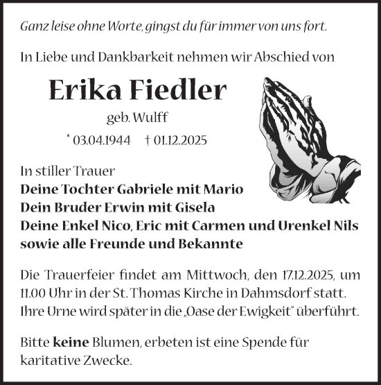 Traueranzeige von Erika Fiedler von Märkische Oderzeitung