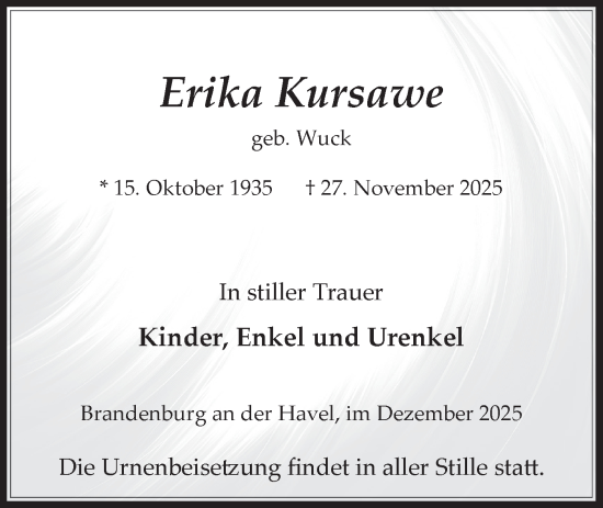 Traueranzeige von Erika Kursawe von Märkische Oderzeitung