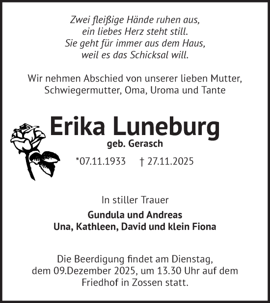 Traueranzeige von Erika Luneburg von Blickpunkt Ludwigsfelde/Zossen