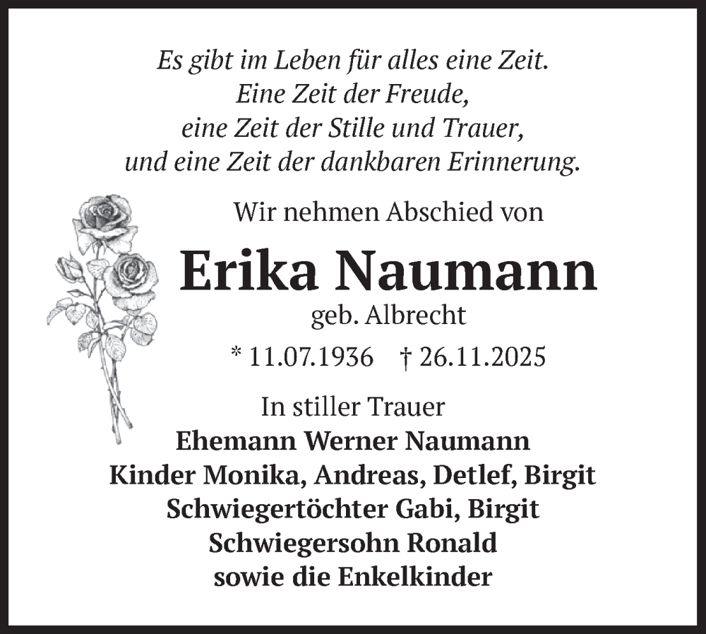  Traueranzeige für Erika Naumann vom 12.12.2025 aus Märkische Oderzeitung