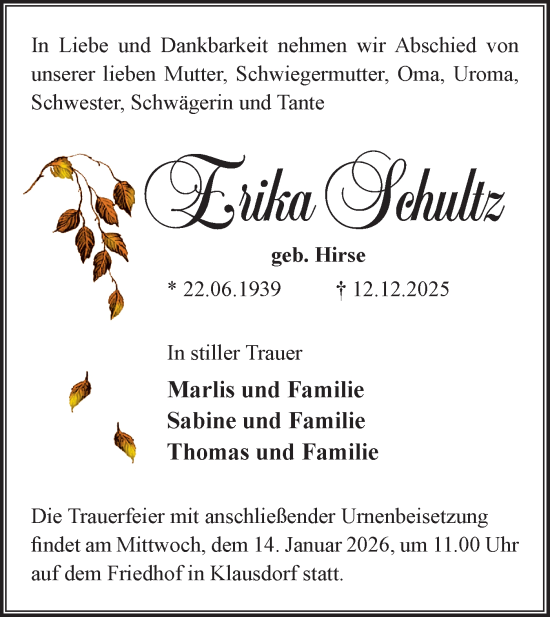 Traueranzeige von Erika Schultz von Blickpunkt Ludwigsfelde/Zossen