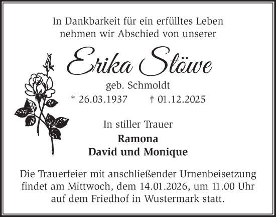 Traueranzeige von Erika Stöwe von Märkische Oderzeitung