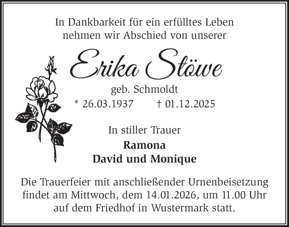  Traueranzeige für Erika Stöwe vom 13.12.2025 aus Märkische Oderzeitung