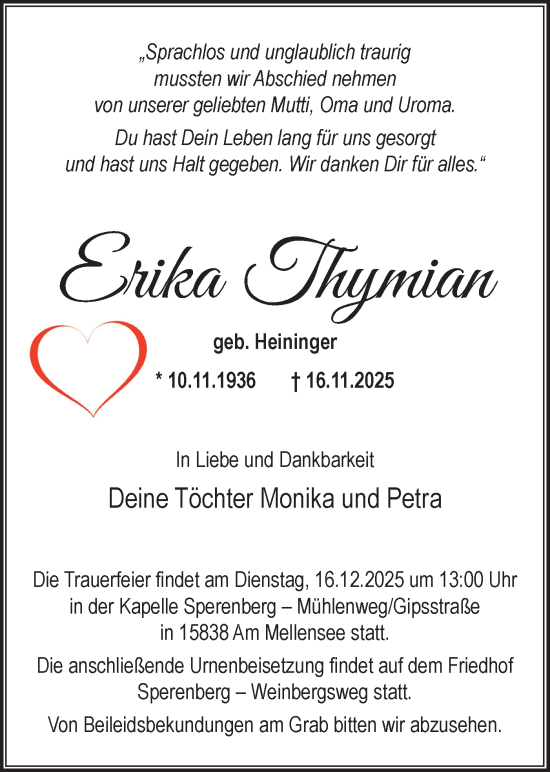 Traueranzeige von Erika Thymian von Blickpunkt Ludwigsfelde/Zossen