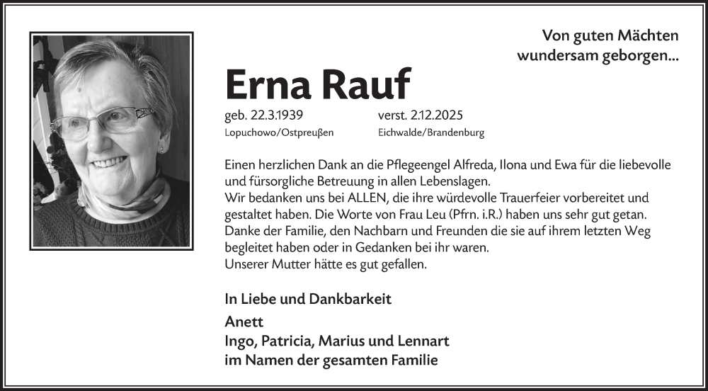  Traueranzeige für Erna Rauf vom 13.12.2025 aus Blickpunkt Königs Wusterhausen