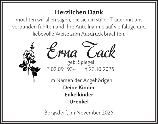 Traueranzeige von Erna Tack von Märkische Oderzeitung