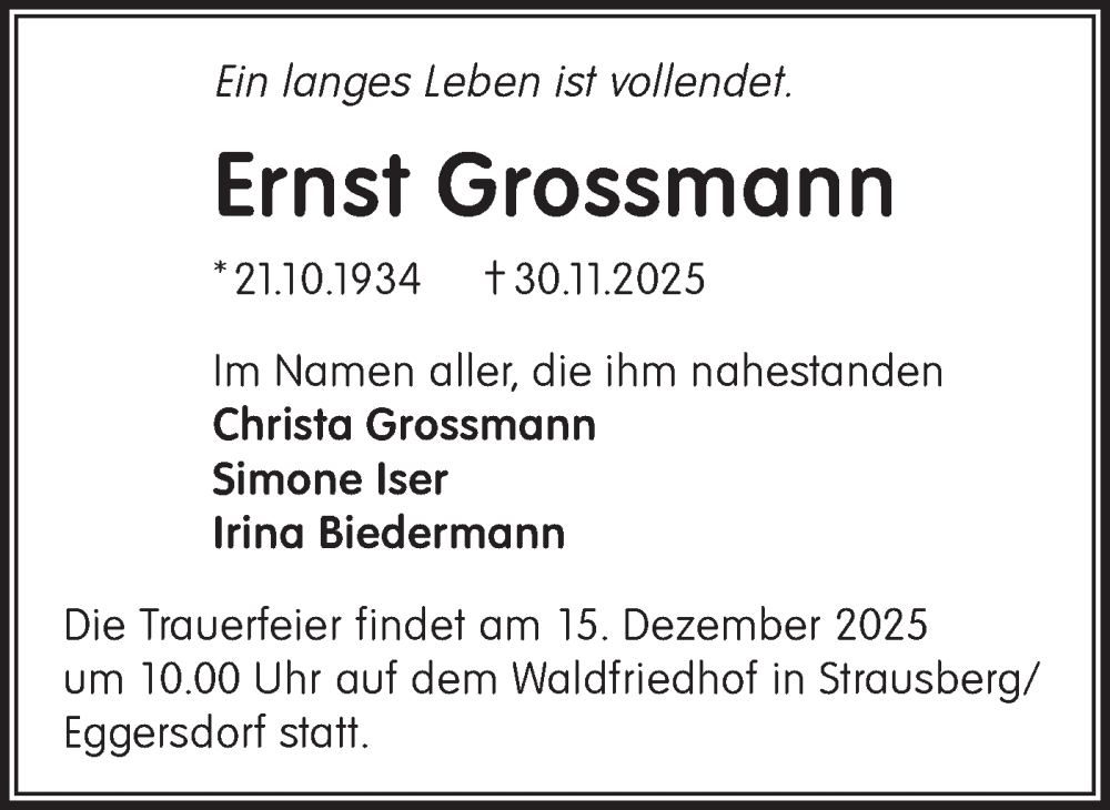  Traueranzeige für Ernst Grossmann vom 06.12.2025 aus Märkische Oderzeitung
