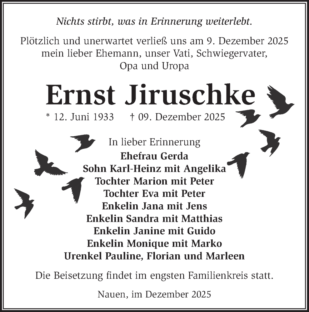  Traueranzeige für Ernst Jiruschke vom 20.12.2025 aus Märkische Oderzeitung