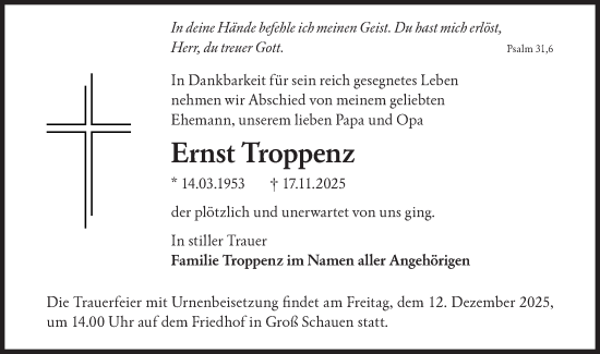 Traueranzeige von Ernst Troppenz von Märkische Oderzeitung