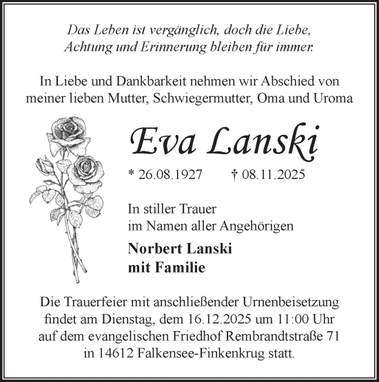 Traueranzeige von Eva Lanski von Märkische Oderzeitung