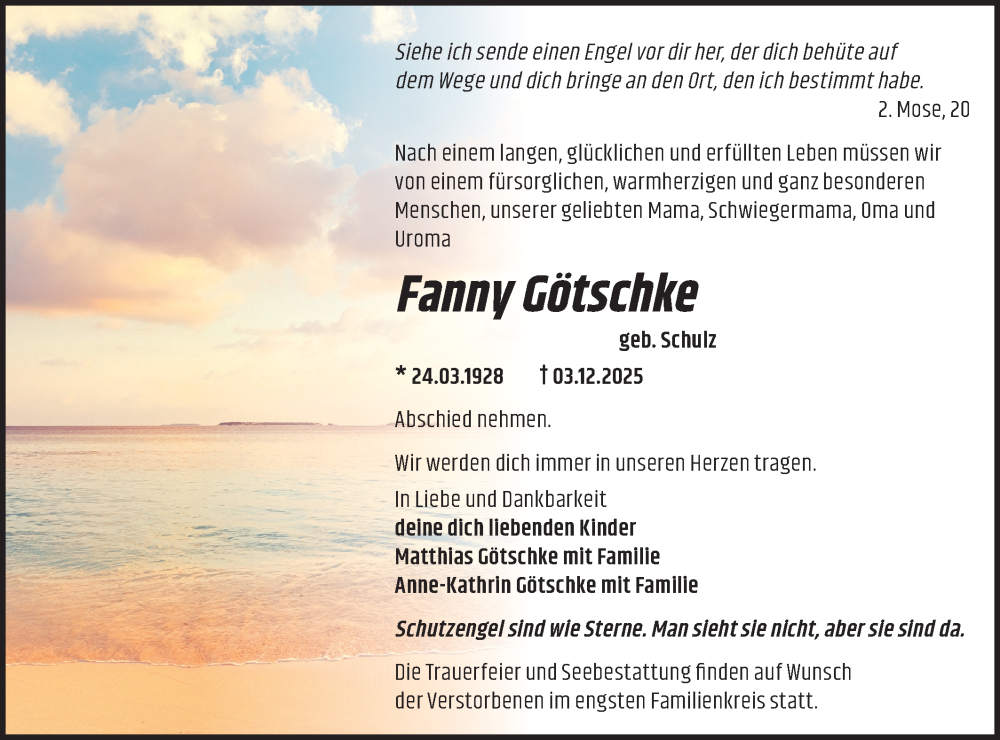  Traueranzeige für Fanny Götschke vom 20.12.2025 aus MO Oderld.-Echo