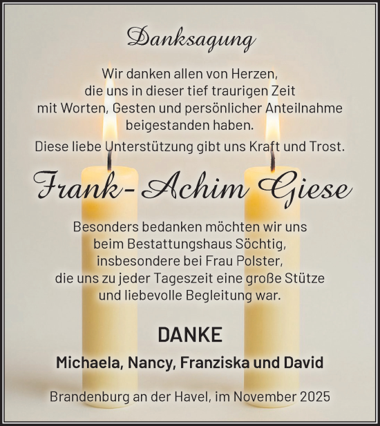 Traueranzeige von Frank-Achim Giese von Märkische Oderzeitung