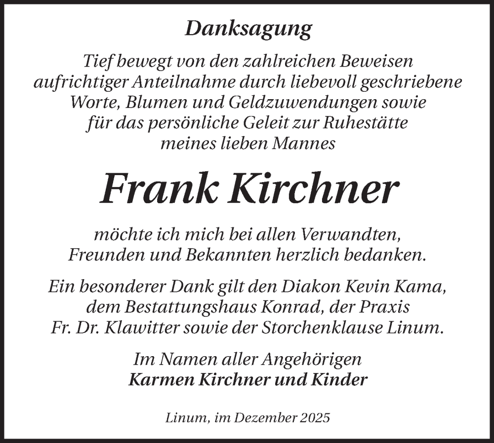  Traueranzeige für Frank Kirchner vom 20.12.2025 aus Märkische Oderzeitung