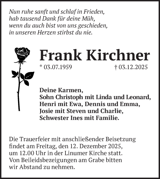 Traueranzeige von Frank Kirchner von Märkische Oderzeitung