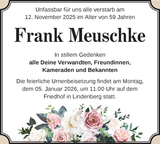 Traueranzeige von Frank Meuschke von Märkische Oderzeitung