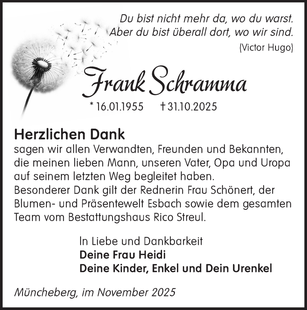  Traueranzeige für Frank Schramma vom 06.12.2025 aus Märkische Oderzeitung