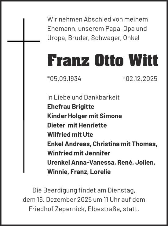 Traueranzeige von Franz Otto Witt von MO Uckerm.-Anz.