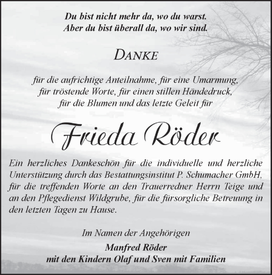 Traueranzeige von Frieda Röder von Blickpunkt Jüterbog/Luckenwalde