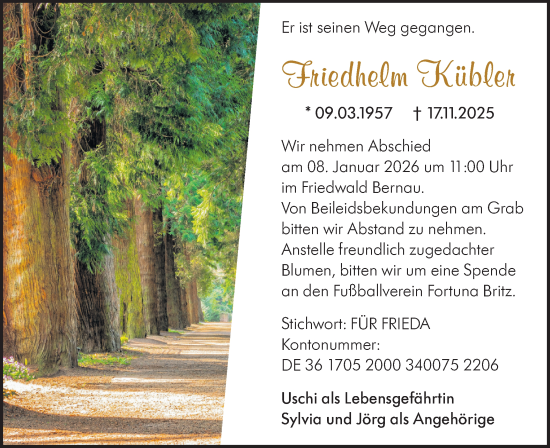 Traueranzeige von Friedhelm Kübler von Märkische Oderzeitung