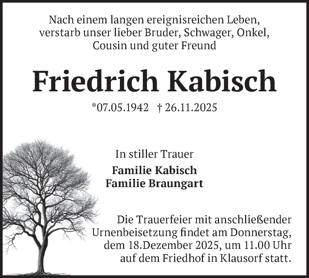  Traueranzeige für Friedrich Kabisch vom 06.12.2025 aus Blickpunkt Ludwigsfelde/Zossen