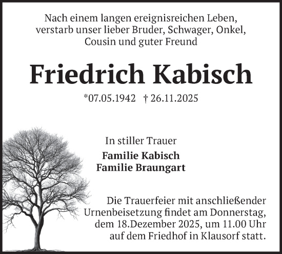Traueranzeige von Friedrich Kabisch von Blickpunkt Ludwigsfelde/Zossen