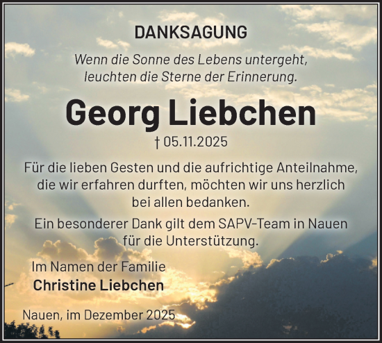 Traueranzeige von Georg Liebchen von Märkische Oderzeitung