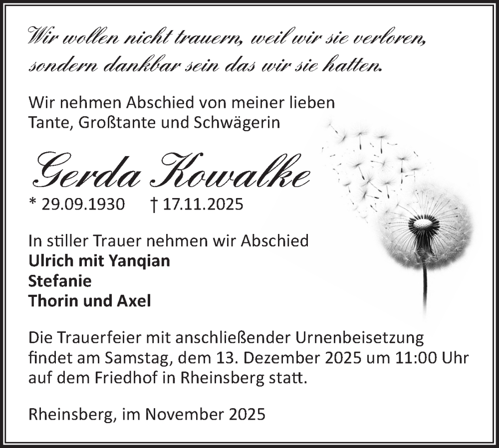  Traueranzeige für Gerda Kowalke vom 06.12.2025 aus Märkische Oderzeitung