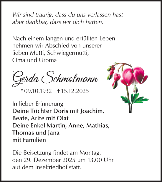 Traueranzeige von Gerda Schmolmann von Märkische Oderzeitung